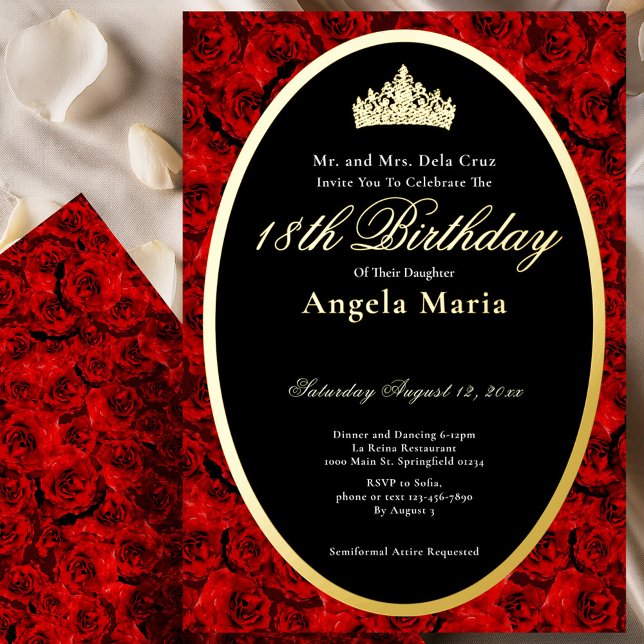 Invitación Con Relieve Metalizado Elegant Red Roses 18th Birthday Debut Gold (Subido por el creador)