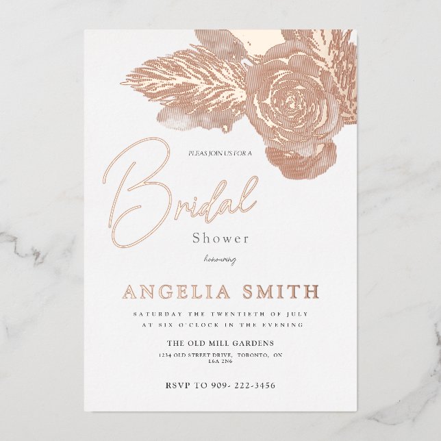 Invitación Con Relieve Metalizado Elegant Rose Gold Floral Bridal Shower Real (Anverso)