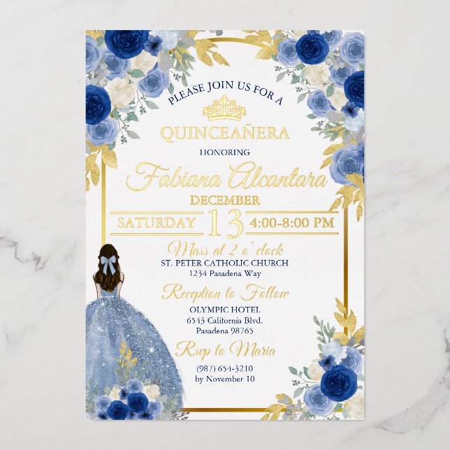 Invitación Con Relieve Metalizado Elegant Royal Blue & Gold Rose Quinceañera (Anverso)
