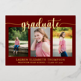 Invitación Con Relieve Metalizado Elegant Script 3 Foto Graduación Granate Dorado
