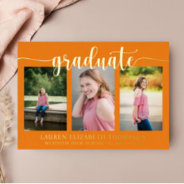Invitación Con Relieve Metalizado Elegant Script 3 Foto Naranja Graduación Hoja de O