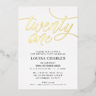 Invitación Con Relieve Metalizado ELEGANT SCRIPT Cumpleaños 21 con estilo dorado