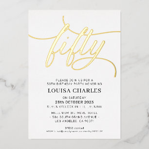 Invitación Con Relieve Metalizado ELEGANT SCRIPT cumpleaños 50 elegante oro