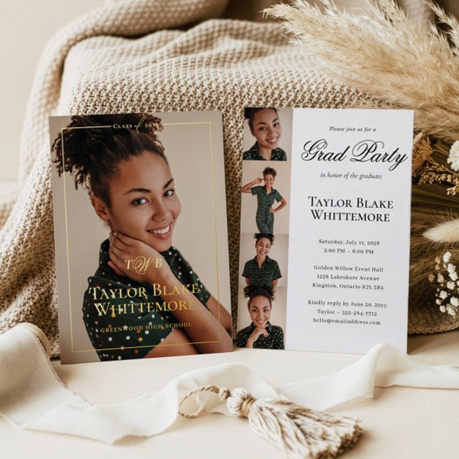 Invitación Con Relieve Metalizado Elegant Script Grad Photo Collage Graduation Party (Elegant Script Grad Photo Collage Graduation Party Foil Invitation)