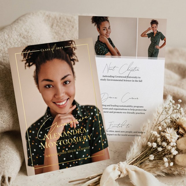 Invitación Con Relieve Metalizado Elegant Script Grad Photo Graduation Announcement (Elegant Script Grad Photo Graduation Announcement)