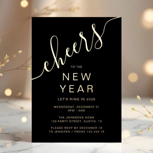 Invitación Con Relieve Metalizado Elegant Script New Year Party Gold (Elegant Script New Year Party Gold Foil Invitation)