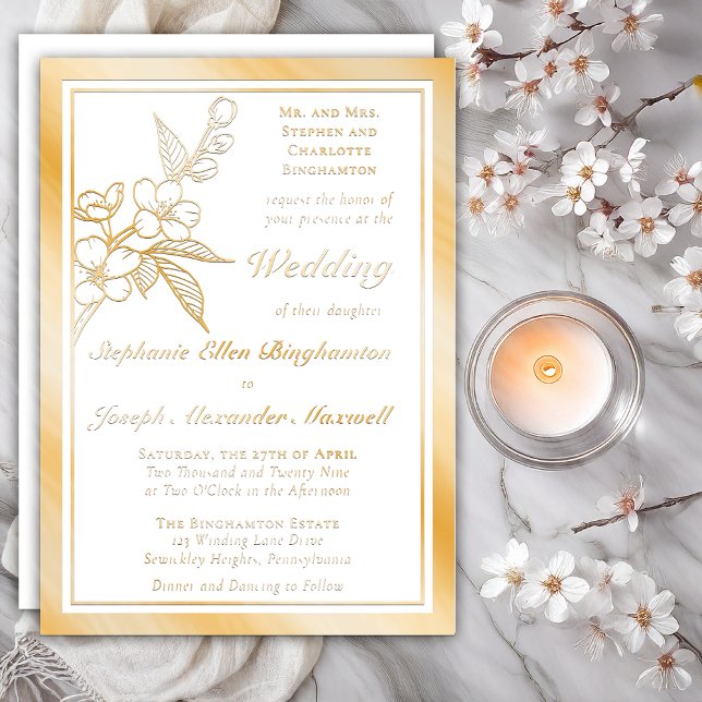 Invitación Con Relieve Metalizado Elegant Spring Blossoms Gold White Formal Wedding (Elegant Line Art Spring Blossoms Floral Formal Wedding Gold Foil on White Invitations)