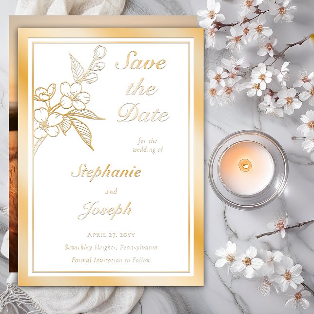 Invitación Con Relieve Metalizado Elegant Spring Blossoms Photo White Save the Date (Elegant Line Art Spring Blossoms Floral | Back Photo Wedding Gold Foil on White Save the Dates)
