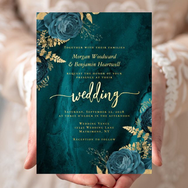 Invitación Con Relieve Metalizado Elegant Teal Blue Gold Floral Wedding (Subido por el creador)