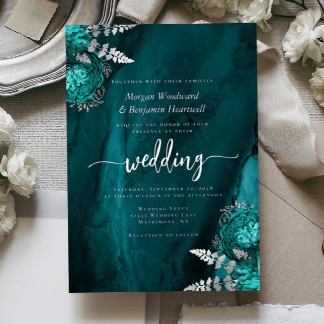 Invitación Con Relieve Metalizado Elegant Teal Blue Silver Floral Wedding (Subido por el creador)