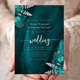 Invitación Con Relieve Metalizado Elegant Teal Blue Silver Floral Wedding