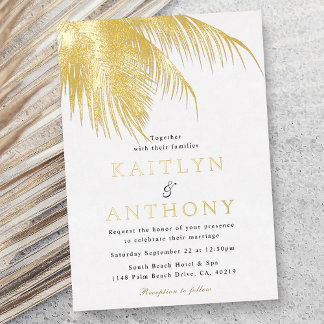 Invitación Con Relieve Metalizado Elegant Tropical Palm Tree Beach Wedding