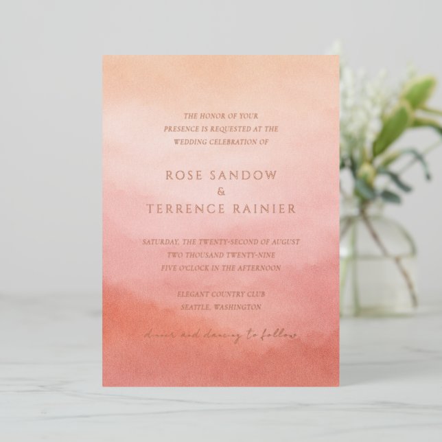 Invitación Con Relieve Metalizado Elegant Tropical Sunset Watercolor Wedding (Anverso de pie)