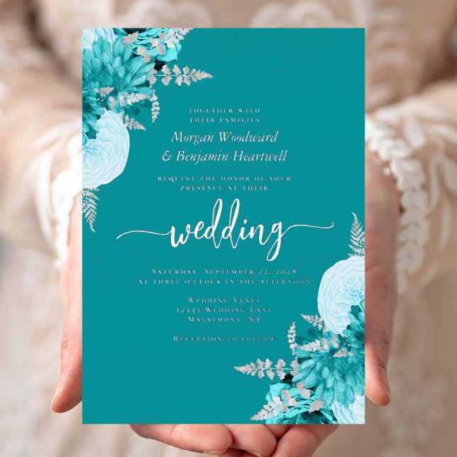 Invitación Con Relieve Metalizado Elegant Turquoise Silver Floral Wedding (Subido por el creador)