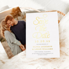 Invitación Con Relieve Metalizado Elegant Vintage Script Photo Wedding Save the Date