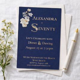 Invitación Con Relieve Metalizado Elegant Watercolor Floral Navy 70th Birthday 
