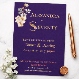 Invitación Con Relieve Metalizado Elegant Watercolor Floral Plum 70th Birthday Rose