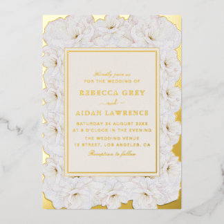 Invitación Con Relieve Metalizado Elegant White Floral Ivory Gold Border Wedding
