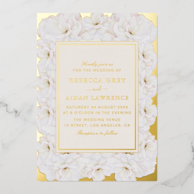 Invitación Con Relieve Metalizado Elegant White Floral Ivory Gold Border Wedding (Anverso)