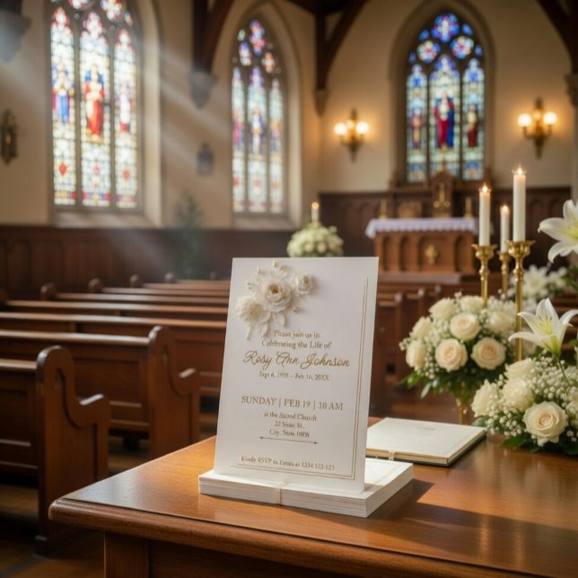 Invitación Con Relieve Metalizado Elegant White & Gold Floral Memorial Invitation  (Subido por el creador)
