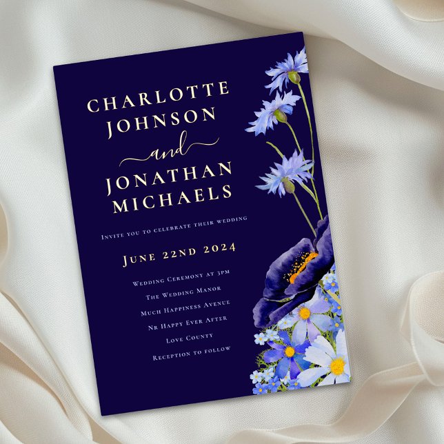 Invitación Con Relieve Metalizado Elegant Wildflower Floral Wedding Blue and Gold (Elegant watercolor wildflower blue floral gold foil wedding invitation )