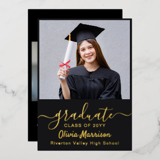 Invitación Con Relieve Metalizado Elegante 2 Photo Graduation Party Modern Black