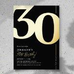 Invitación Con Relieve Metalizado Elegante 30.º Relieve metalizado Fiesta de cumplea<br><div class="desc">Verdaderas invitaciones para fiestas de 30 años en negro y oro en Relieve metalizado con el número '30' en un gran tipo de letra en negrita,  y una plantilla de invitación moderna que es fácil de personalizar.</div>