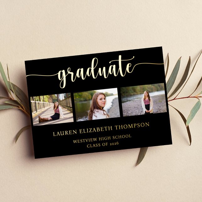 Invitación Con Relieve Metalizado Elegante 3 Graduación de fotos Oro Negro (Subido por el creador)