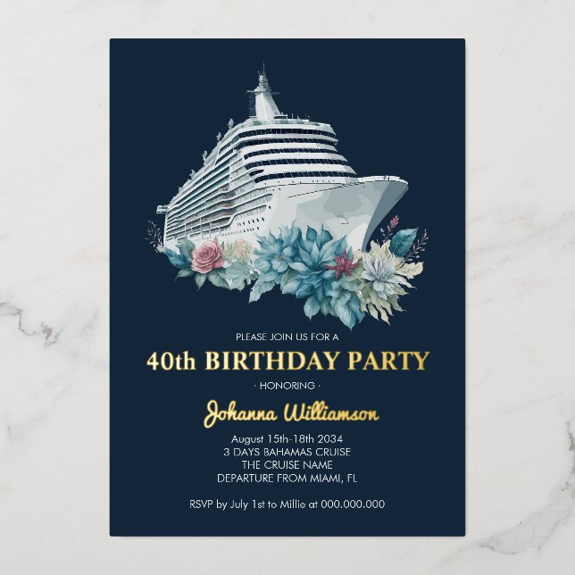Invitación Con Relieve Metalizado Elegante 40.ª Fiesta de cumpleaños travesía en cru (Anverso)