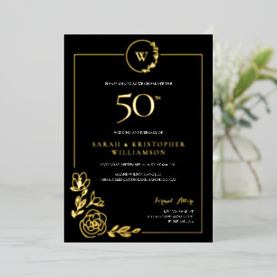 Invitación Con Relieve Metalizado Elegante 50 Aniversario de Boda Negro Oro