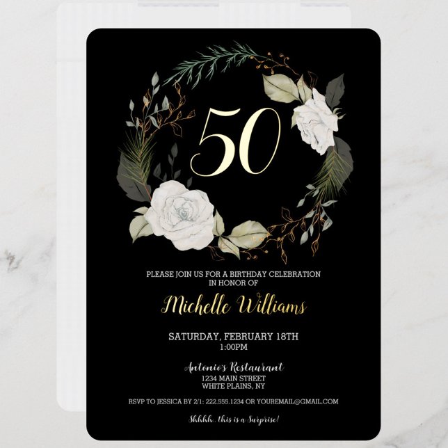 Invitación Con Relieve Metalizado Elegante 50 aniversario de fiesta de cumpleaños de (Elegant Black & White 50th Birthday Party Invitation, Gold Foil, Fifty)