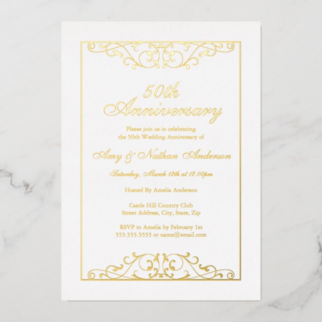 Invitación Con Relieve Metalizado Elegante 50° Aniversario del Boda del Oro (Anverso)