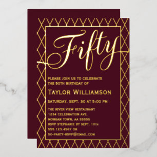 Invitación Con Relieve Metalizado Elegante 50 cumpleaños Borgoña Foil de Oro Fifty C