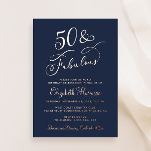 Invitación Con Relieve Metalizado Elegante 50 Y Fabulosa Fiesta Azul 50 de Cumpleaño