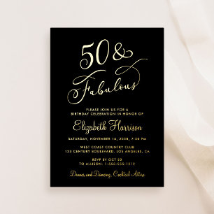 Invitación Con Relieve Metalizado Elegante 50 Y Fabuloso Black 50 Birthday Party