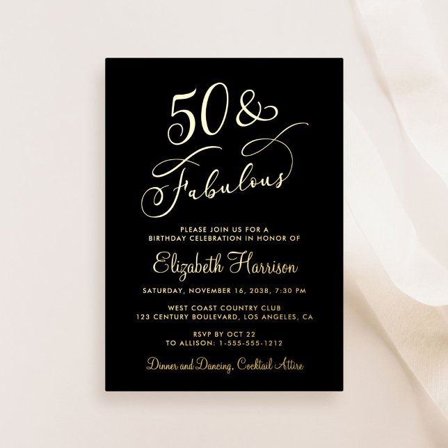 Invitación Con Relieve Metalizado Elegante 50 Y Fabuloso Black 50 Birthday Party (Subido por el creador)