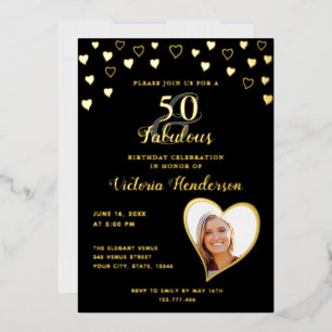 Invitación Con Relieve Metalizado Elegante 50 y fabuloso cumpleaños negro y dorado