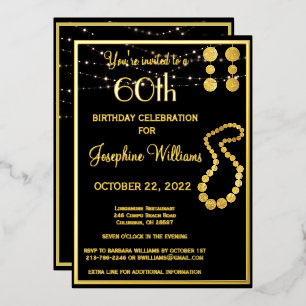 Invitación Con Relieve Metalizado Elegante 60 Sesenta Cumpleaños Negro REAL Oro