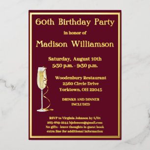 Invitación Con Relieve Metalizado Elegante 60 Sesenta Cumpleaños Rojo ORO REAL