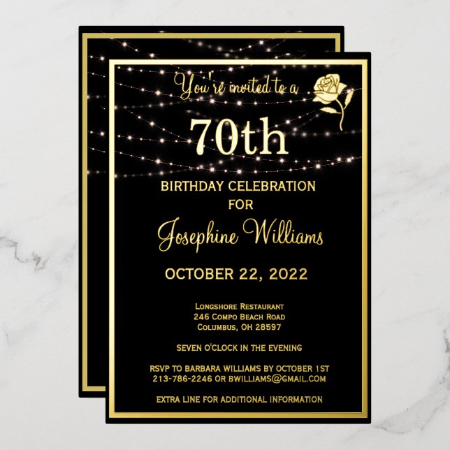 Invitación Con Relieve Metalizado Elegante 70.º Setenta Años Oro REAL Negro (Anverso/Reverso)