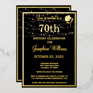 Invitación Con Relieve Metalizado Elegante 70 cumpleaños setenta negro ORO REAL