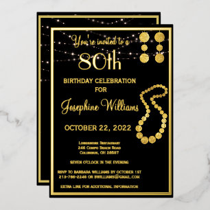 Invitación Con Relieve Metalizado Elegante 80 Ochenta Cumpleaños Negro ORO REAL
