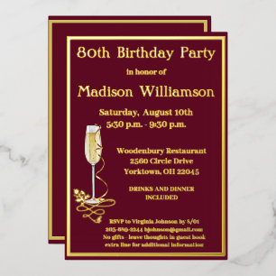Invitación Con Relieve Metalizado Elegante 80 Ochenta Cumpleaños Rojo ORO Real