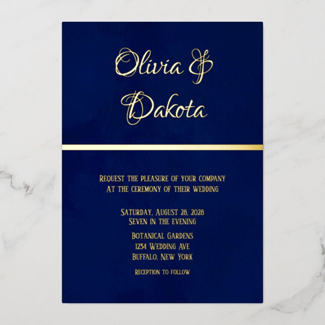 Invitación Con Relieve Metalizado Elegante acuarela azul de la Marina Y Boda dorado (Anverso)