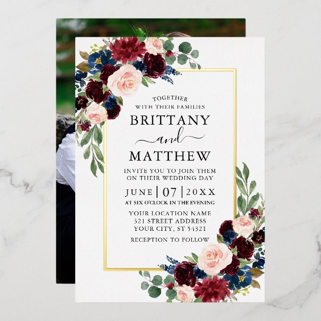 Invitación Con Relieve Metalizado Elegante acuarela Boda de fotografía floral mixta  (Anverso/Reverso)