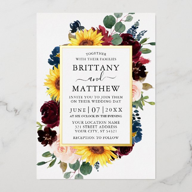 Invitación Con Relieve Metalizado Elegante acuarela Boda floral mixto oro (Anverso)