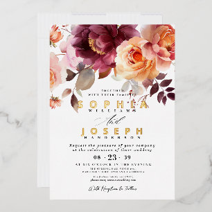 Invitación Con Relieve Metalizado Elegante acuarela Borgoña Bouquet Boda Floral