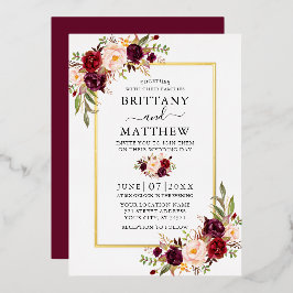Invitación Con Relieve Metalizado Elegante acuarela Borgoña Floral Boda Gold