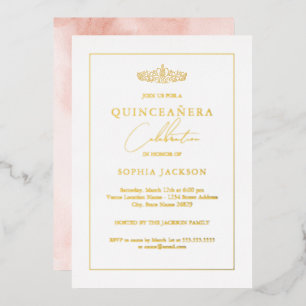 Invitación Con Relieve Metalizado Elegante acuarela dorada Quinceanera Cumpleaños