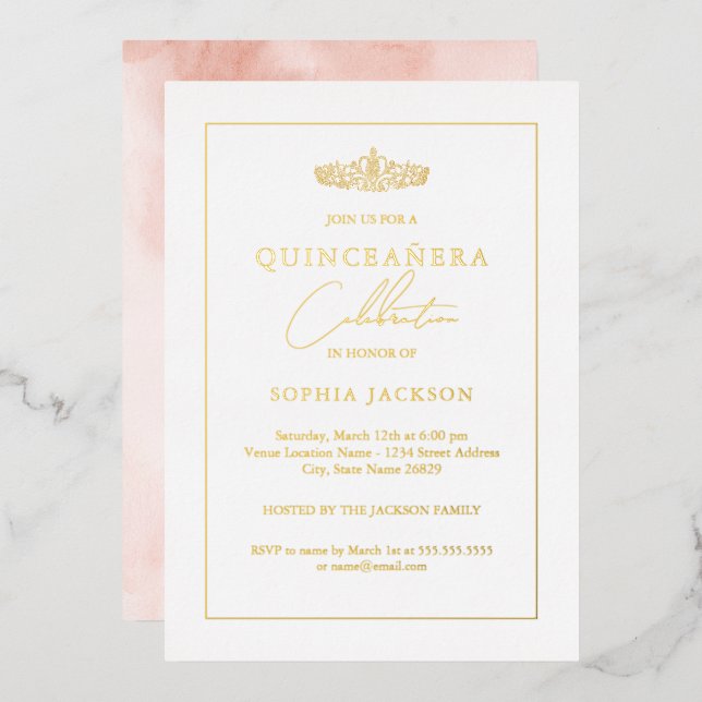 Invitación Con Relieve Metalizado Elegante acuarela dorada Quinceanera Cumpleaños (Anverso/Reverso)
